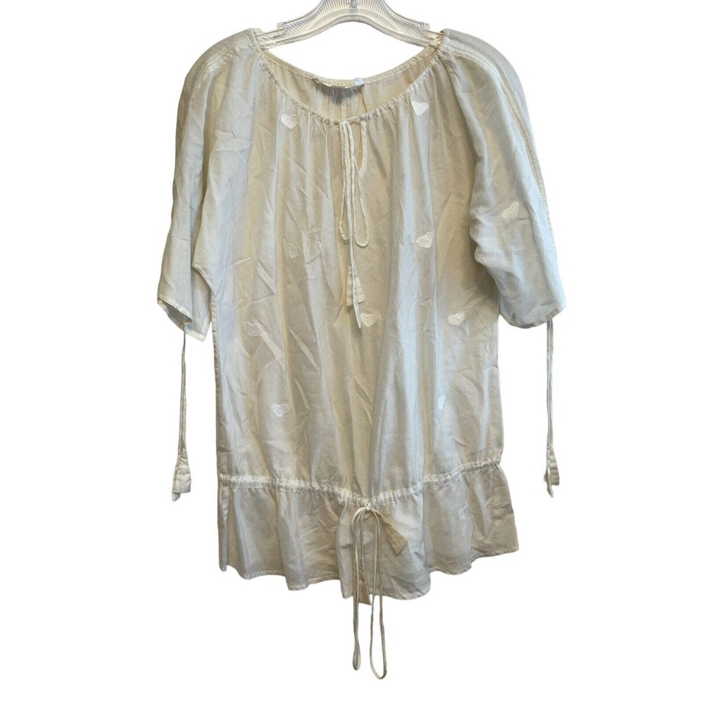Jill Stuart White Sheer Heart Embroidery Blouse Top Size Small Tassel Drawstring